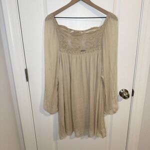H Trend Italian Beige Floral Lace Silk Dress Fairy Whimsical Boho Size Lg XL 1X